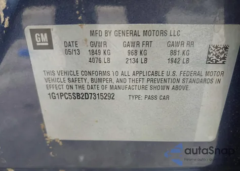 2013 Chevrolet Cruze 1Lt Auto из США, поврежденный, VIN 1G1PC5SB2D7315292